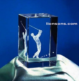 3d laser crystal block with a golf player engraved inside