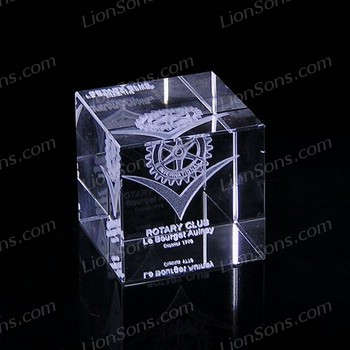 3D Laser crystal cube paperweight with a logo engraved inside.