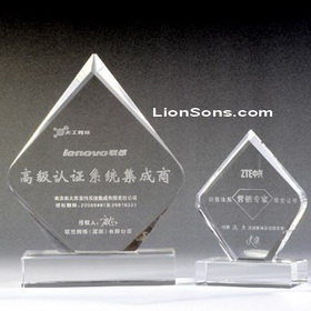 diamond-shaped crystal plaque, rhombic glass plaque, engraved crystal frame award