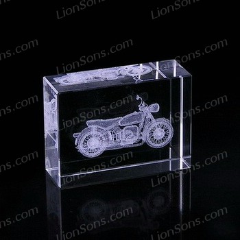 Rectangle crystal glass paper weight with a motorcycle engraved inside. 3D Laser etched crystal paperweight. Personalized crystal paperweight. 